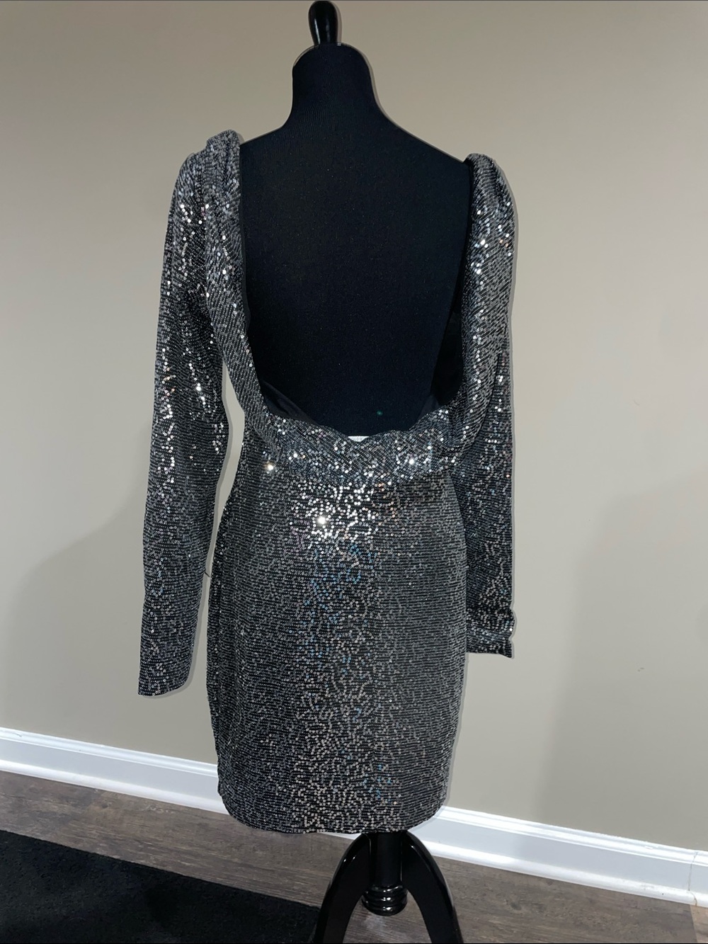 Arden B Silver Sequin Long-Sleeve Scoop Neck Dress